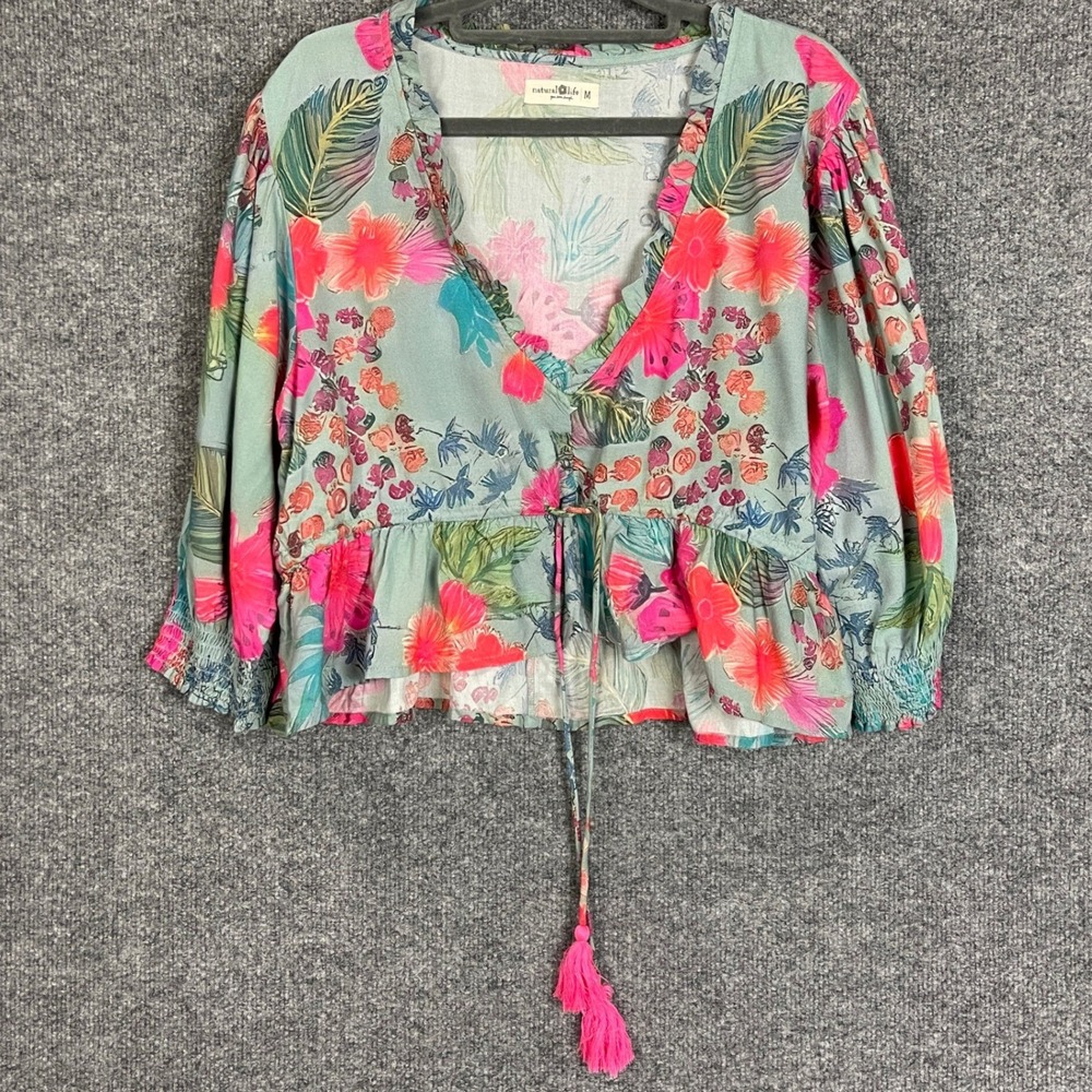 Natural Life Top Womens Medium Teal Floral Excellent Rayon Tassel Tie